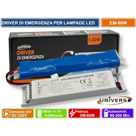 UNIVERSO EM-80W DRIVER DI EMERGENZA PER LAMPADE LED DA 3W A 80W AUTONOMIA FINO A 300 MINUTI USCITA DC 220V