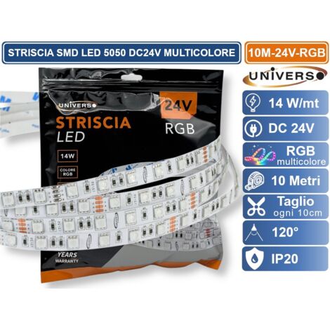 UNIVERSO 10M-24V-RGB Striscia LED Flessibile 140W SMD RGB 60 LED/METRO DC 24V BOBINA 10 METRI DA INTERNO IP20