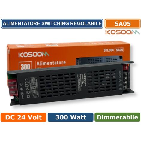 KOSOOM SA05 ALIMENTATORE TRASFORMATORE SLIM METALLICO STABILIZZATO SWITCHING DIMMERABILE 220V-24V 12.5A 300 WATT COLORE NERO IP20
