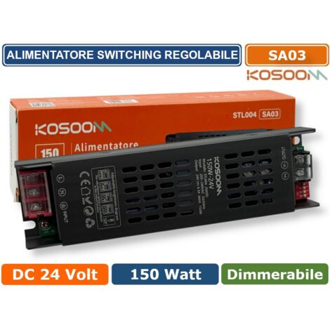 KOSOOM SA03 ALIMENTATORE TRASFORMATORE SLIM METALLICO STABILIZZATO SWITCHING DIMMERABILE 220V-24V 6.25A 150 WATT COLORE NERO IP20