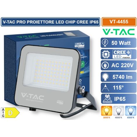 V-TAC PRO FARO LED SMD CHIP CREE 50W 135LM/W NERO CON VETRO GRIGIO IP65 BIANCO NATURALE 4000K