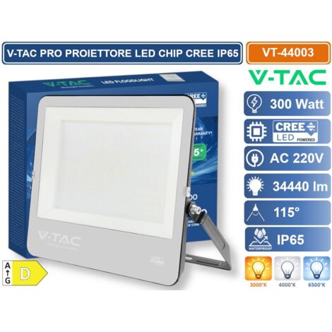 V-TAC PRO FARO LED SMD CHIP CREE 300W 135LM/W NERO CON VETRO GRIGIO IP65 BIANCO FREDDO 6500K