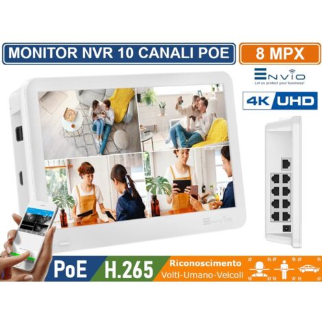 MONITOR 11.6" CON NVR 10 CANALI 8 CANALI POE + 2 IP 8 MEGAPIXEL 4K ULTRA HD ONVIF LINUX SYSTEM P2P CLOUD VIDEOSORVEGLIANZA CON VIDEOANALISI CON RICONOSCIMENTO VOLTI UMANO VEICOLI (1/5)