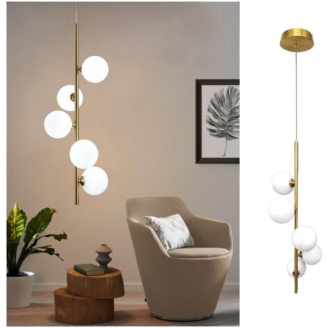 Lampadario sospeso verticale oro con sfere bolle bianche in vetro design moderno attacco G9 per camera soggiorno