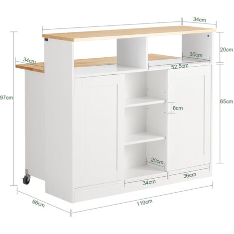 Isla De Cocina Con Ruedas Y Encimera Extensible - 112x94.5x44.6 Cm, Con 3 Cajones, Estante Para Especias Y Cubo De Basura