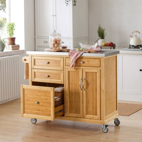 Carrito De Cocina Con Piso De Acero Bambú L66xp46xa91cm con