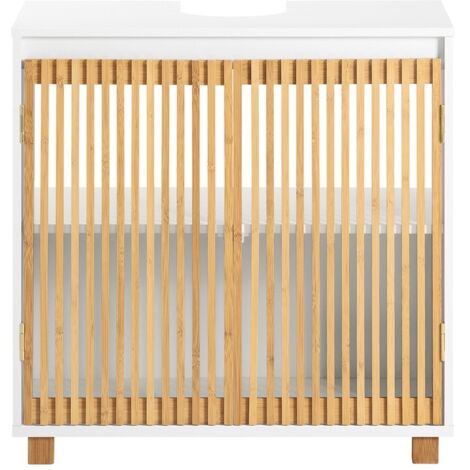 Sobuy – Mueble para debajo del lavabo BZR125W – Armario de baño de suelo con 2 puertas correderas – MDF y bambú – 60 x 33 x 60 cm – Capacidad 27 kg (1/5)