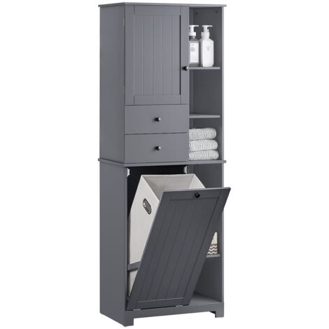 Armario Alto de Baño con Cesto para Ropa Sucia Mueble Columna Multifuncional con 1 Puerta 6 Estantes y 2 Cajones Gis 60 x 37 x 170 cm BZR104-DG SoBuy ES