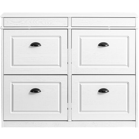 SoBuy Mueble Zapatero Estantería Zapatero 4 Bisagras Armario Zapatero Entrada, Mueble Zapatero Almacena 16 Pares de Zapatos para Pasillo Entrada 103x23x82cm Efecto Madera Envejecida Blanca FSR79-WG