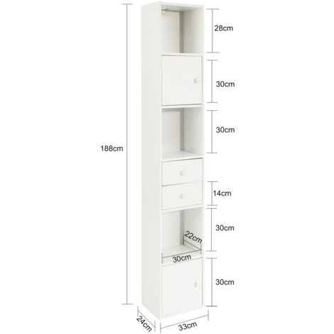Mueble Columna de Baño Armario de Almacenamiento Armario Independiente con 2 Puertas y 2 Cajones Blanco 33x24x188cm STR10-W SoBuy ES