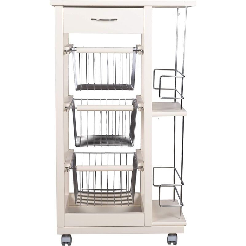Carrello con ruote da cucina in Legno con 1 cassetto e 3 ceste portafrutta in metallo, porta