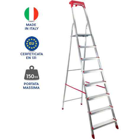 Scala Domestica in Alluminio Martina Leggera Portatile Scaletto Vaschetta Portaoggetti Pieghevole Robusta Salvaspazio made in Italy 8 gradini