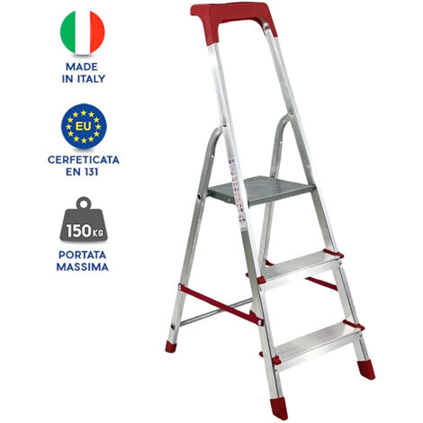 Scala Domestica in Alluminio Martina Leggera Portatile Scaletto Vaschetta Portaoggetti Pieghevole Robusta Salvaspazio made in Italy 3 gradini