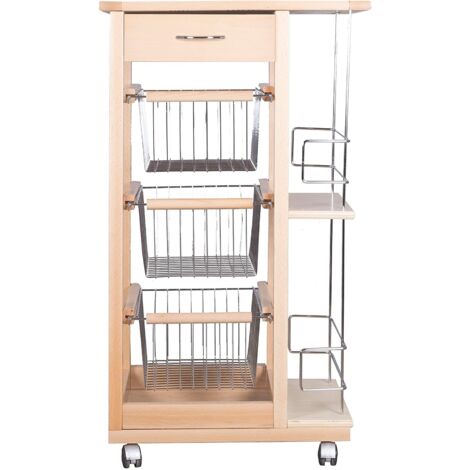 CARRELLO CUCINA IN LEGNO CON CASSETTI RUOTE SALVASPAZIO PORTAPANE PORTAFRUTTA Naturale
