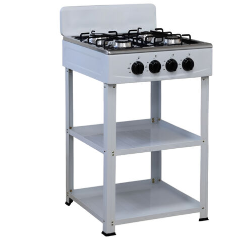 Marvin Fornello a Gas 4 Fuochi da Campeggio Piano Cottura con Supporto 2 Ripiani in Acciaio Cucina da Esterno Portatile Piastra Inox Bianco