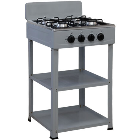 Marvin Fornello a Gas 4 Fuochi da Campeggio Piano Cottura con Supporto 2 Ripiani in Acciaio Cucina da Esterno Portatile Piastra Inox Grigio