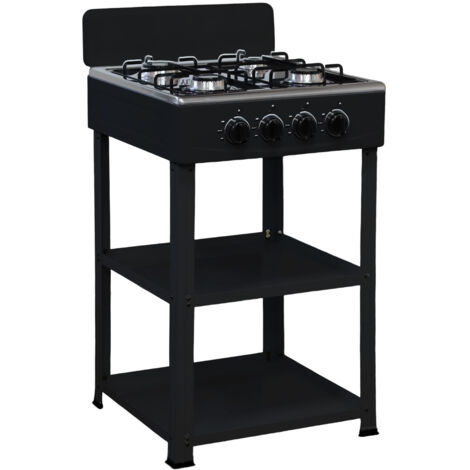 Marvin Fornello a Gas 4 Fuochi da Campeggio Piano Cottura con Supporto 2 Ripiani in Acciaio Cucina da Esterno Portatile Piastra Inox Nero