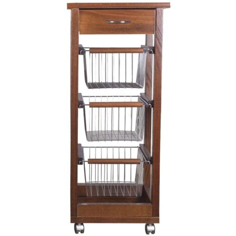 Carrello Cucina SALVASPAZIO in Legno di FAGGIO con CASSETTO E CESTI CONTENITORI 4 Ruote GIREVOLI PORTAPANE PORTAFRUTTA Noce