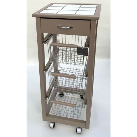 Carrello Cucina SALVASPAZIO in Legno di FAGGIO con CASSETTO E CESTI CONTENITORI 4 Ruote GIREVOLI PORTAPANE PORTAFRUTTA Tortora
