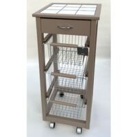 Carrello Cucina SALVASPAZIO in Legno di FAGGIO con CASSETTO E CESTI CONTENITORI 4 Ruote GIREVOLI PORTAPANE PORTAFRUTTA Tortora