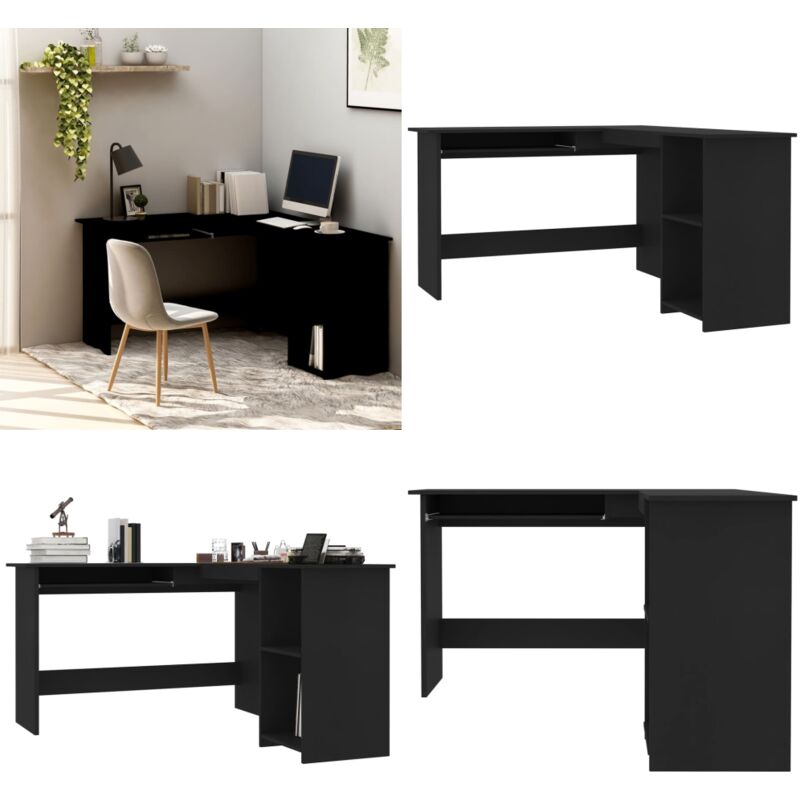 Bureau D'Angle Noir 132x112x99cm - Meuble D'Ordinateur En Bois D'Ingénierie, NEUF