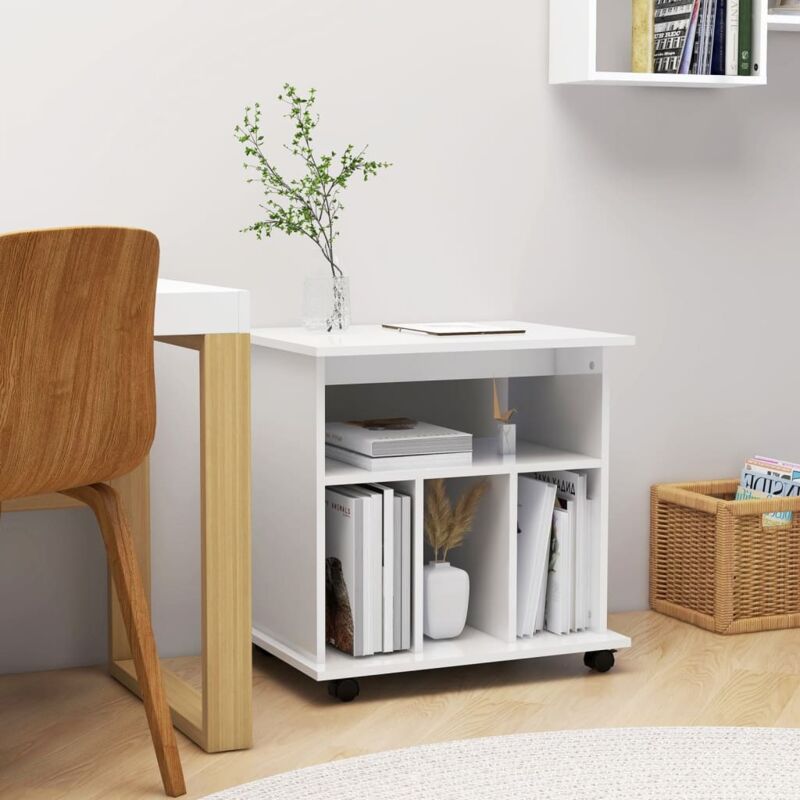 Meuble De Rangement Avec Roulettes Blanc Brillant - 46x36x59 Cm, Bois Multicouche, Pour Bureau Ou Salon