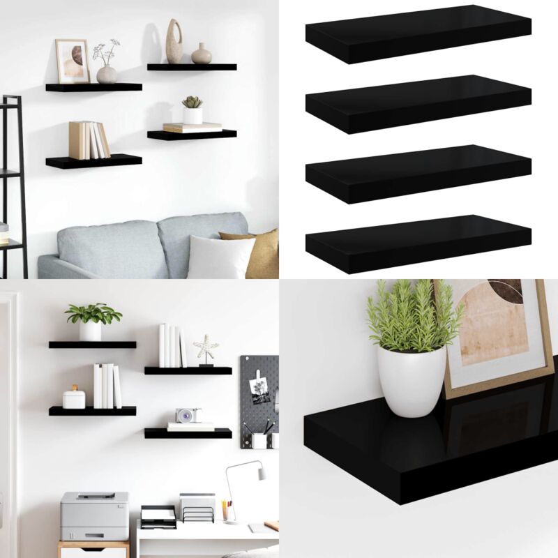 FURNITABLE Lot De 4 Étagères Murales Flottantes 14x40cm - Rangement Moderne Noir Pour Salon, Cuisine Et Bureau