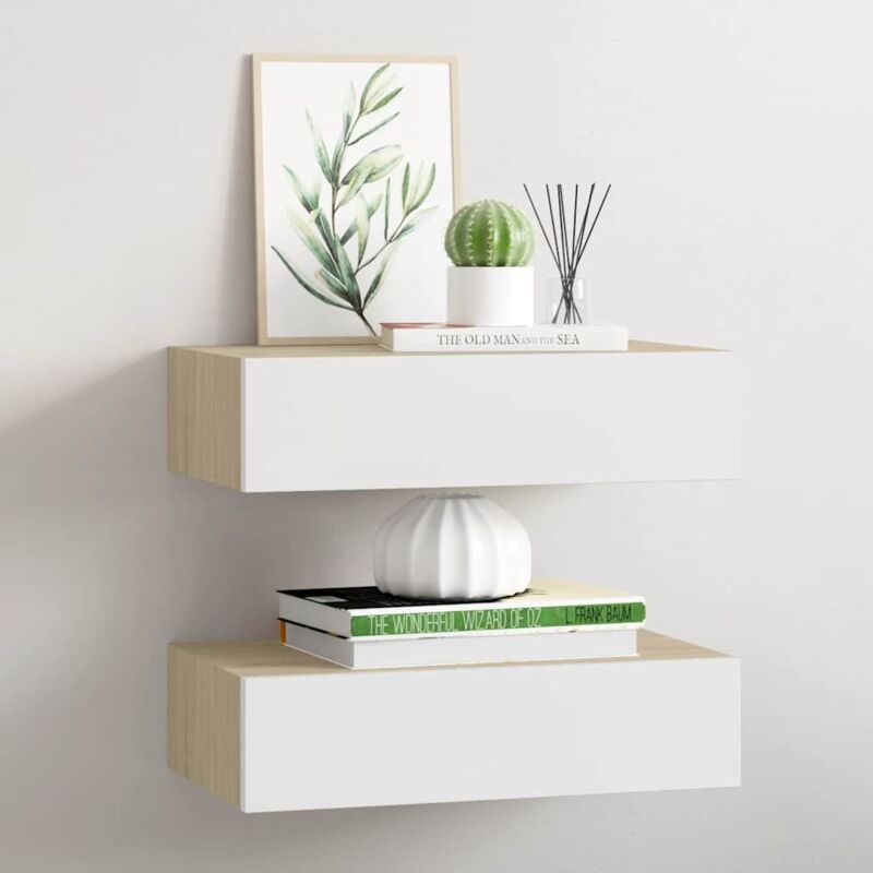 Étagère Murale Avec Tiroir Blanc - 40x23,5x10 Cm, MDF Et Métal, Charge Max 10 Kg - Déco Salon, Chambre, Bureau