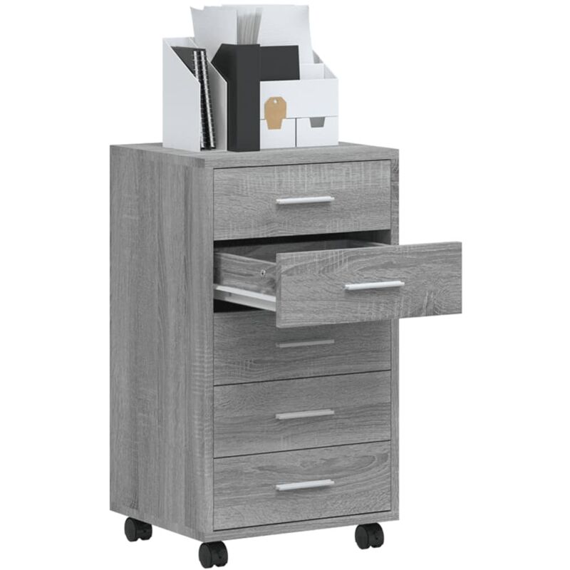 Armoire à Tiroirs - FYDUN - Sonoma Gris - Bois D'ingénierie - 4 Roues Avec Freins - 5 Tiroirs