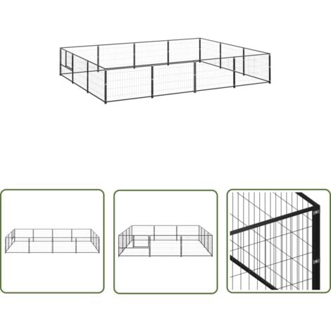The Living Store Chenil Noir 12 m² Acier - Chenil Pour Chien - Abri Chien Extérieur - Enclos Pour Chien - Niche Chien - Jardin Animalier