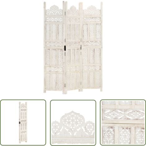 The Living Store Cloison de séparation 3 panneaux Blanc 120x165 cm Bois manguier - Cloison De Séparation - Partition Murale - Écran Décoratif - Meuble Pliable - Style Classique