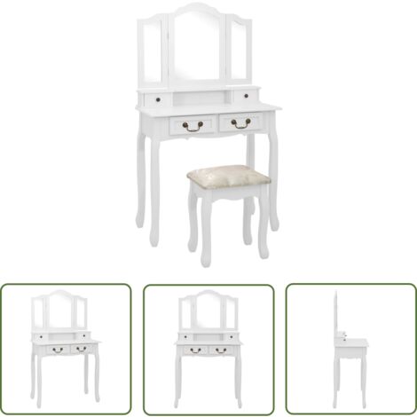 Bureau de Maquillage Coiffeuse Blanche avec Tabouret et Miroir Shabby