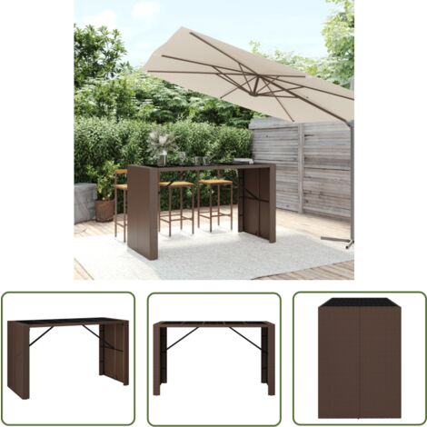 The Living Store Table de bar et dessus en verre marron 185x80x110 cm poly rotin - Table De Bar - Table Extérieur - Table Bistrot - Table Jardin - Mobilier De Jardin