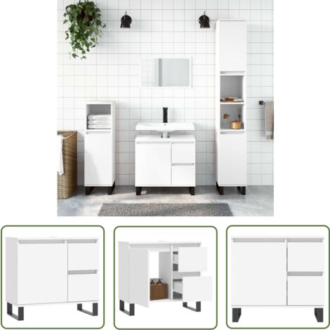 The Living Store Armoire de salle de bain blanc 65x33x60 cm bois d'ingénierie - Meuble De Salle De Bain - Armoire De Salle De Bain - Rangement Salle De Bain - Commode Salle De Bain - Design Industriel (1/5)