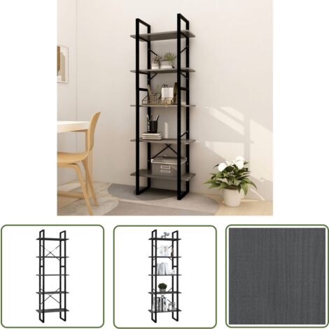 The Living Store Bibliothèque à 5 niveaux Gris 60x30x175 cm Bois de pin - Bibliothèque - Étagère - Meuble De Rangement - Bibliothèque Industrielle - Bibliothèque Design (1/5)