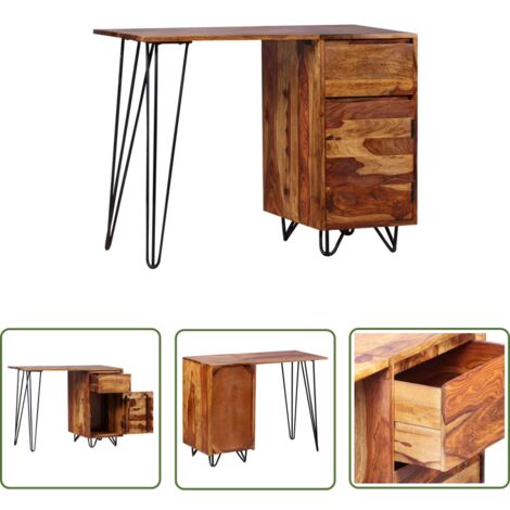 The Living Store Bureau avec 1 tiroir et 1 armoire Bois massif - Bureau En Bois - Bureau Vintage - Bureau Industriel - Bureau Retro - Meubles De Bureau (1/5)