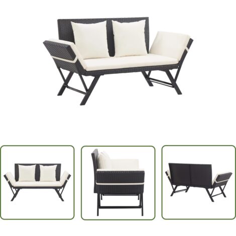 Banc convertible - vidaXL Banc de jardin avec coussins 176 cm Noir Résine tressée - Banc de terrasse (1/5)