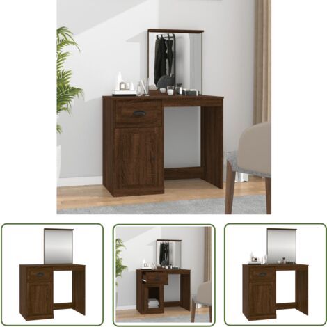 The Living Store Coiffeuse et miroir chêne marron 90x50x132,5 cm bois ingénierie - Coiffeuse - Meuble De Salle De Bain - Table De Maquillage - Vanity - Miroir (1/5)
