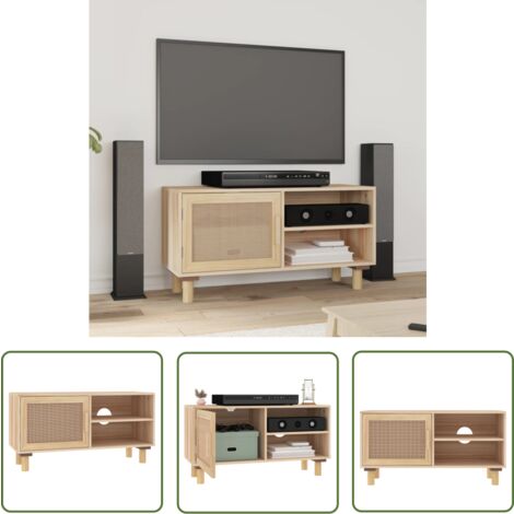 The Living Store Meuble TV Marron 80x30x40cm Bois de pin massif et rotin naturel - Meubles Tv - Meuble Tv - Support Tv - Unité Tv - Meuble Design (1/5)
