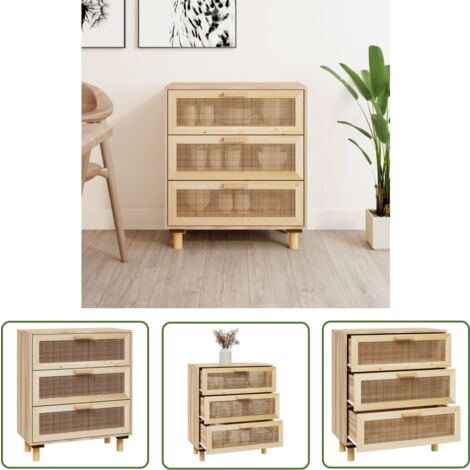 The Living Store Buffet Blanc 105x30x60 Cm Bois De Pin Massif Et Rotin Naturel 77973116
