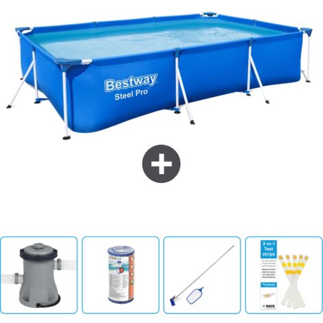 Piscine Bestway Rectangulaire Steel Pro - 300 x 201 x 66 cm - Bleue -  Comprend des Accessoires CB58 (1/4)