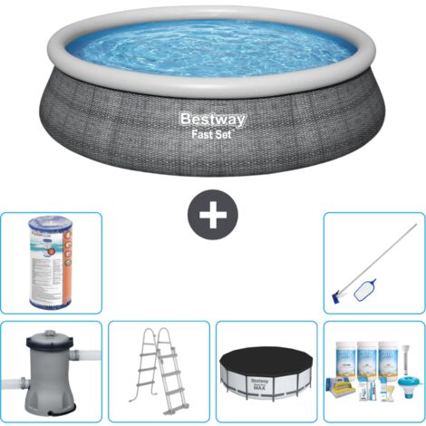Piscine gonflable ronde Bestway à réglage rapide - Imprimé rotin - 457 x 107 cm - Comprend des Accessoires CB24 (1/5)