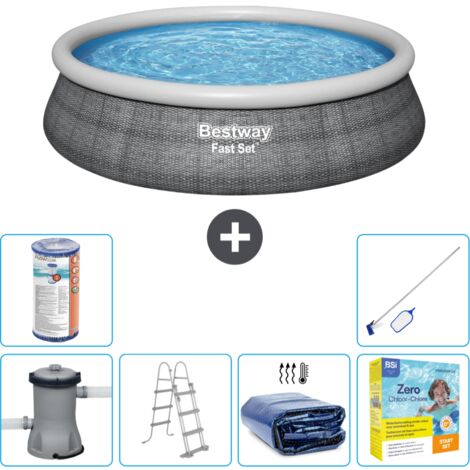 Piscine gonflable ronde Bestway à réglage rapide - Imprimé rotin - 457 x 107 cm - Comprend des Accessoires CB28 (1/5)