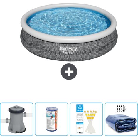 Piscine gonflable ronde Bestway à réglage rapide - Imprimé rotin - 366 x 76 cm - Comprend des Accessoires CB50 (1/4)