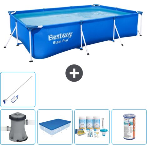 Piscine Bestway Rectangulaire Steel Pro - 300 x 201 x 66 cm - Bleue -  Comprend des Accessoires CB15 (1/5)
