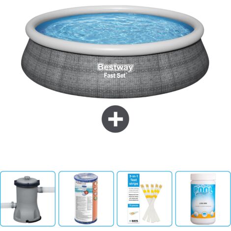 Piscine gonflable ronde Bestway à réglage rapide - Imprimé rotin - 457 x 84 cm - Comprend des Accessoires CB49 (1/4)