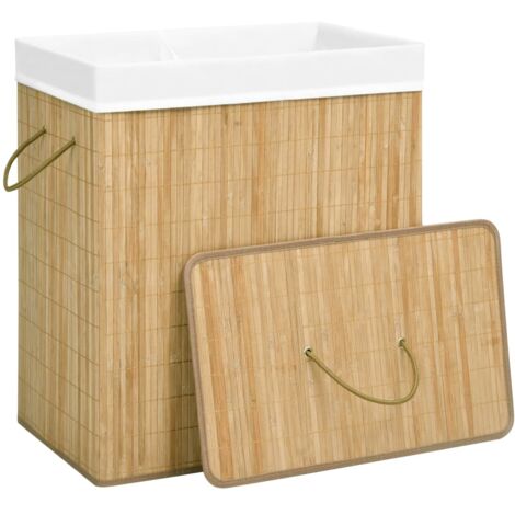 Panier à Linge En Bambou 64L Avec Couvercle - Sac Amovible Lavable - Pour Buanderie, Chambre