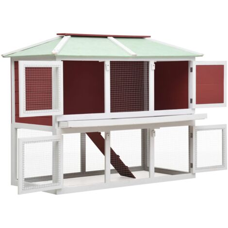 Cage double pour animaux Rouge Bois - Clapier - Lapin - Poulet - Animal Domestique - Cage - Home & Living