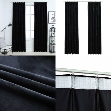 Rideaux occultants avec crochets 2 pcs Velours Noir 140x175 cm - Rideaux Noirs - Rideaux Velours - Rideaux Occultants - Décoration Intérieure - Salon - Home & Living