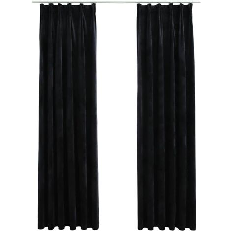 Rideaux occultants avec crochets 2 pcs Velours Noir 140x175 cm - Rideaux Noirs - Rideaux Velours - Rideaux Occultants - Décoration Intérieure - Salon - Home & Living